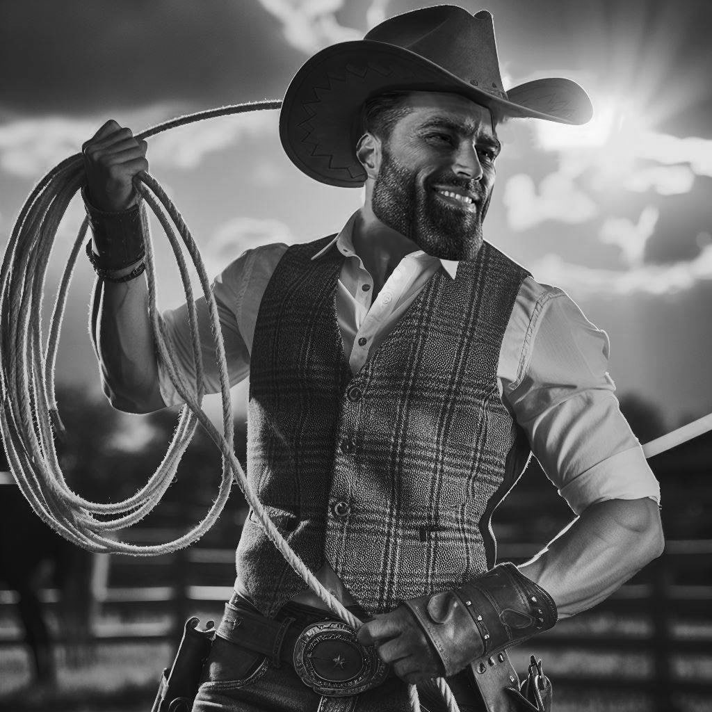 Confident cowboy with lasso during sunset.