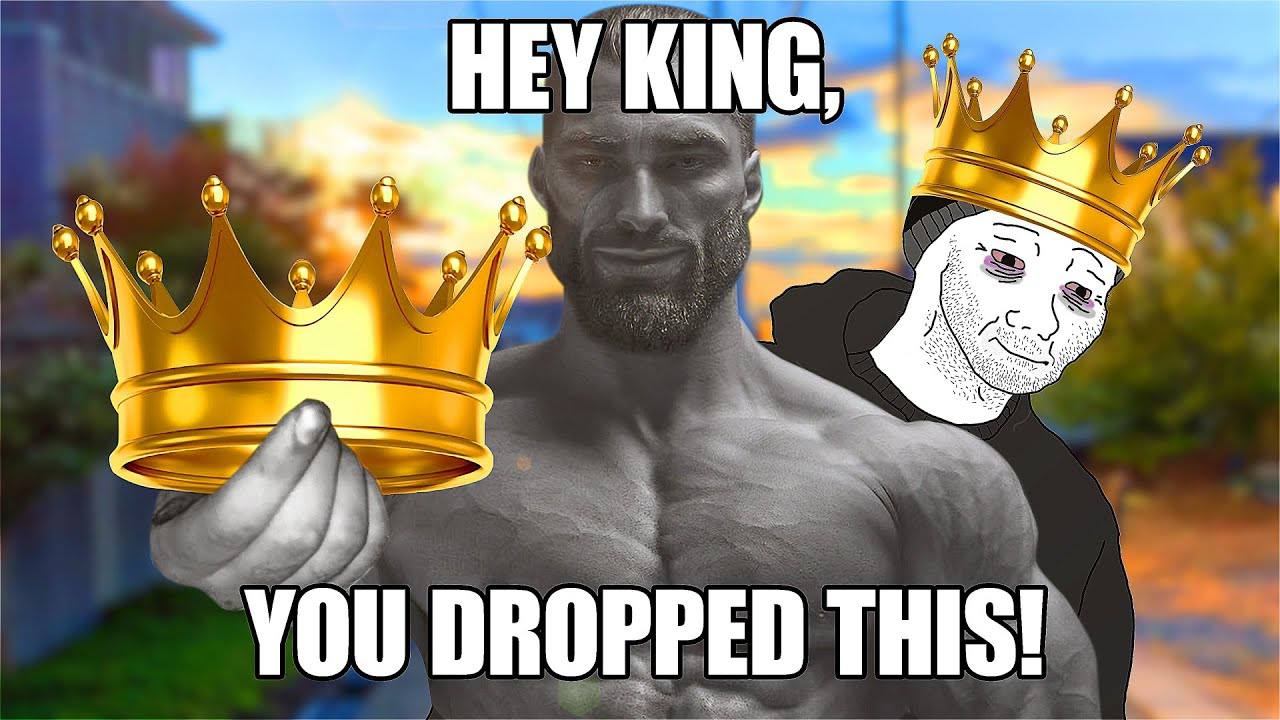 Muscular man offering a crown to a surprised character.