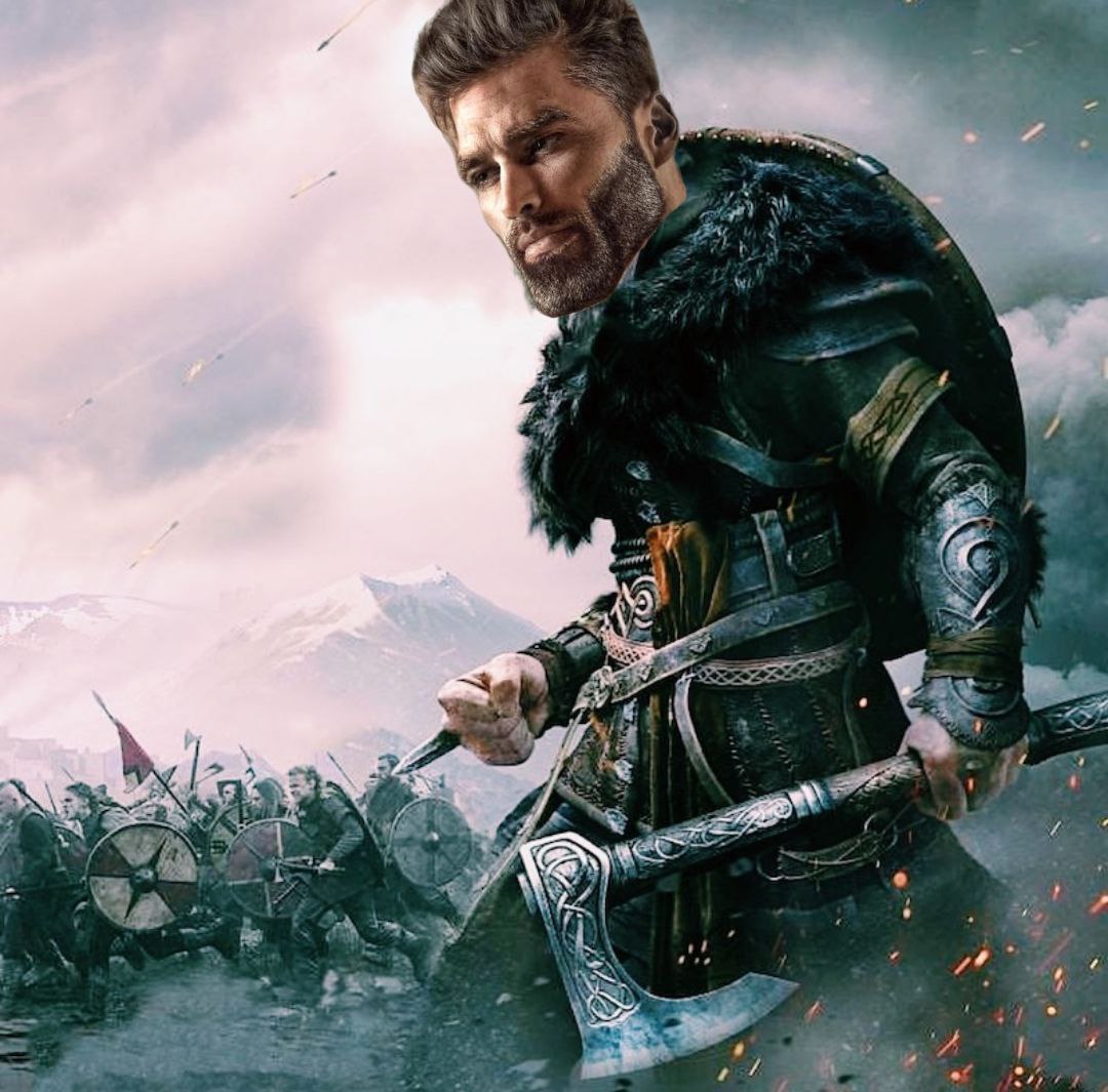 A strong warrior in armor holds an axe during battle.