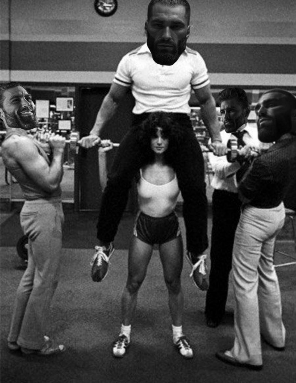 Muscular men lifting a woman in a humorous gym setting.