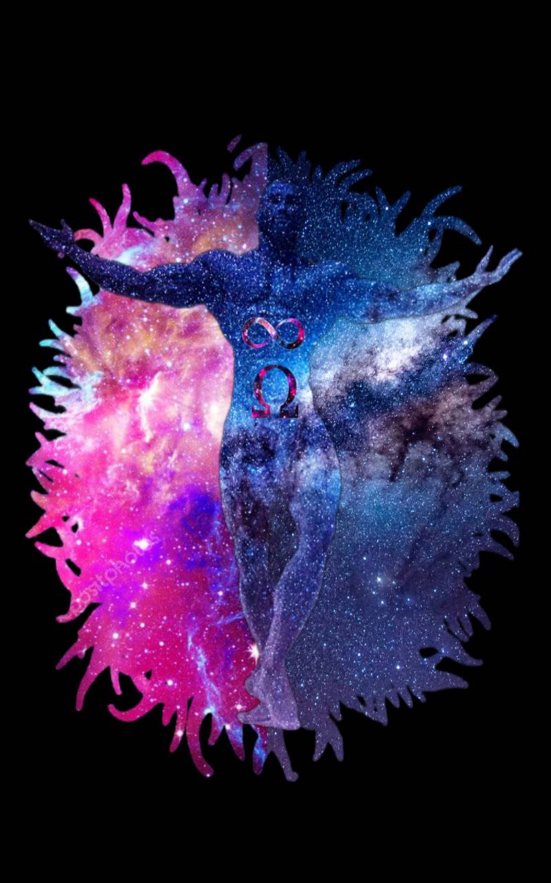 A cosmic figure surrounded by colorful galaxies and stars.