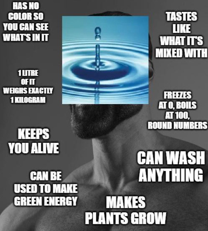 Muscular figure with a water image face discussing water's properties.