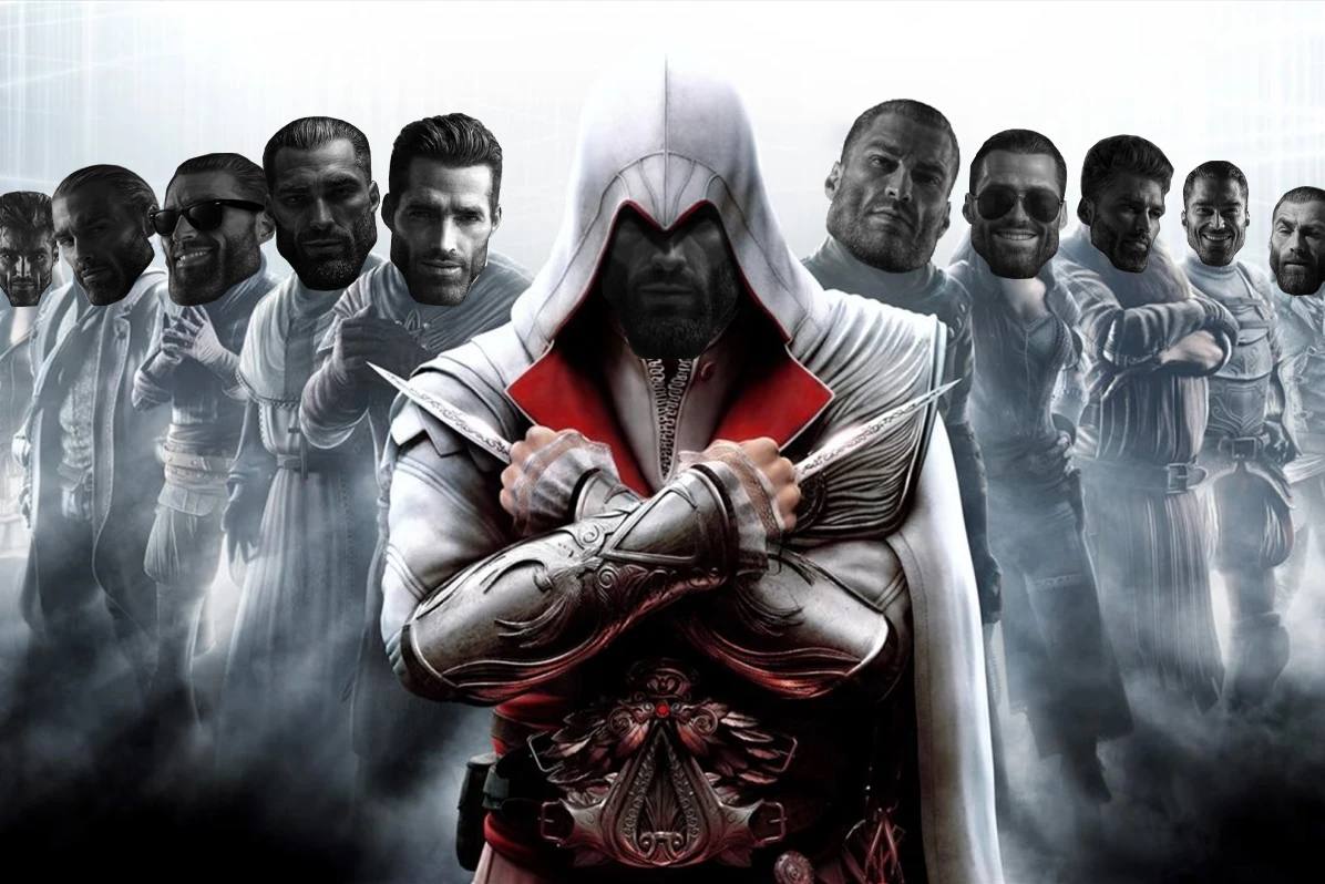 A strong figure in a cloak with muscular men behind him.