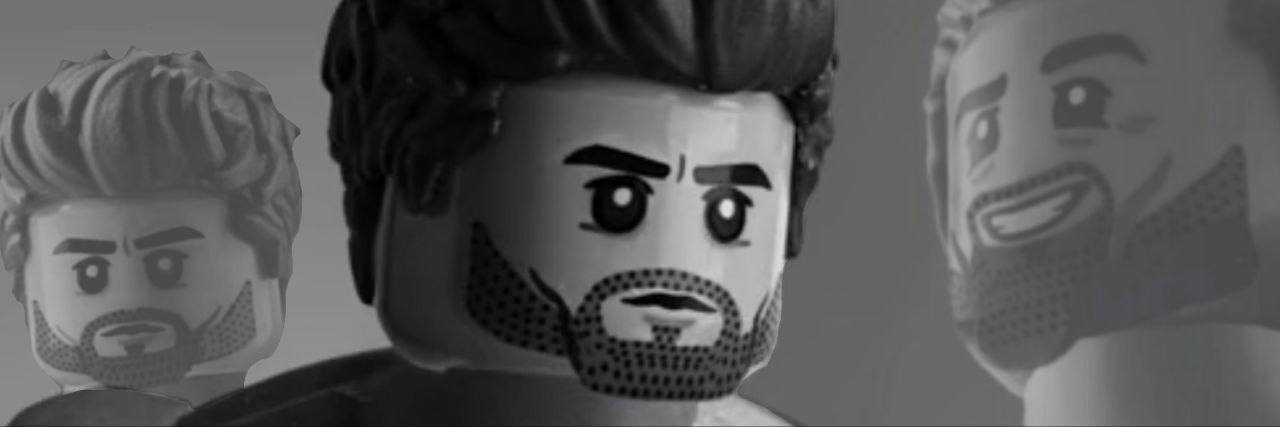 Lego GigaChad with serious expression and two faded versions.