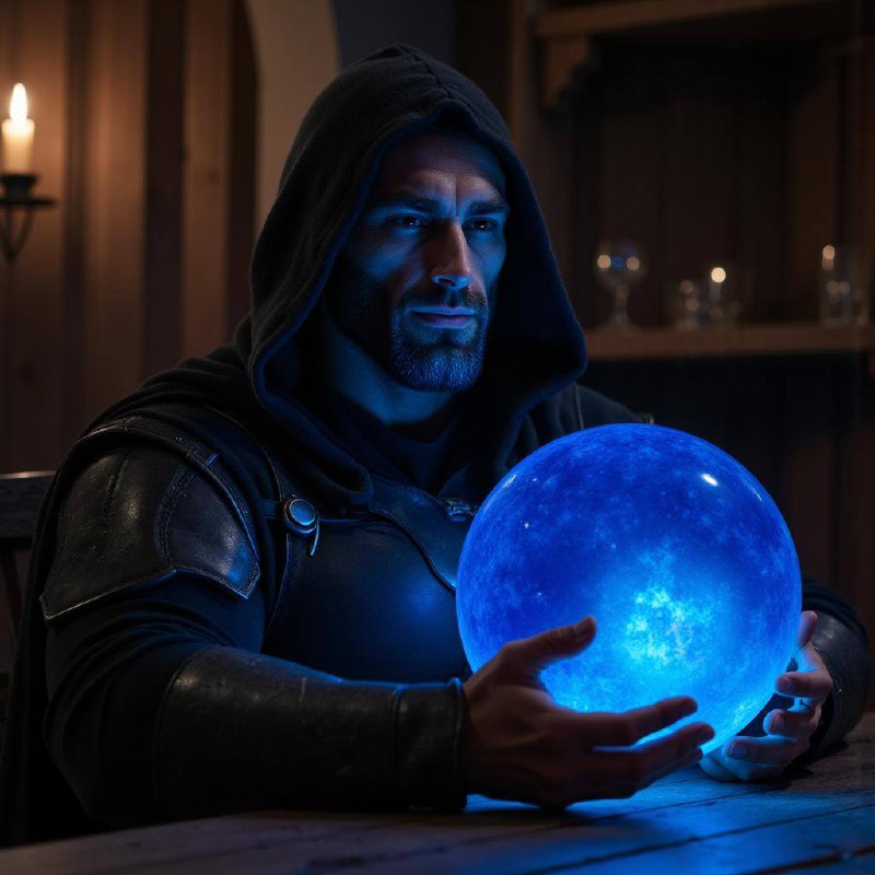 Muscular man with a blue glowing orb in a dark setting.