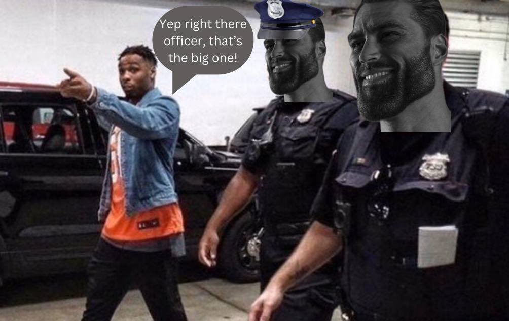 A man humorously directs police officers at a muscular figure.