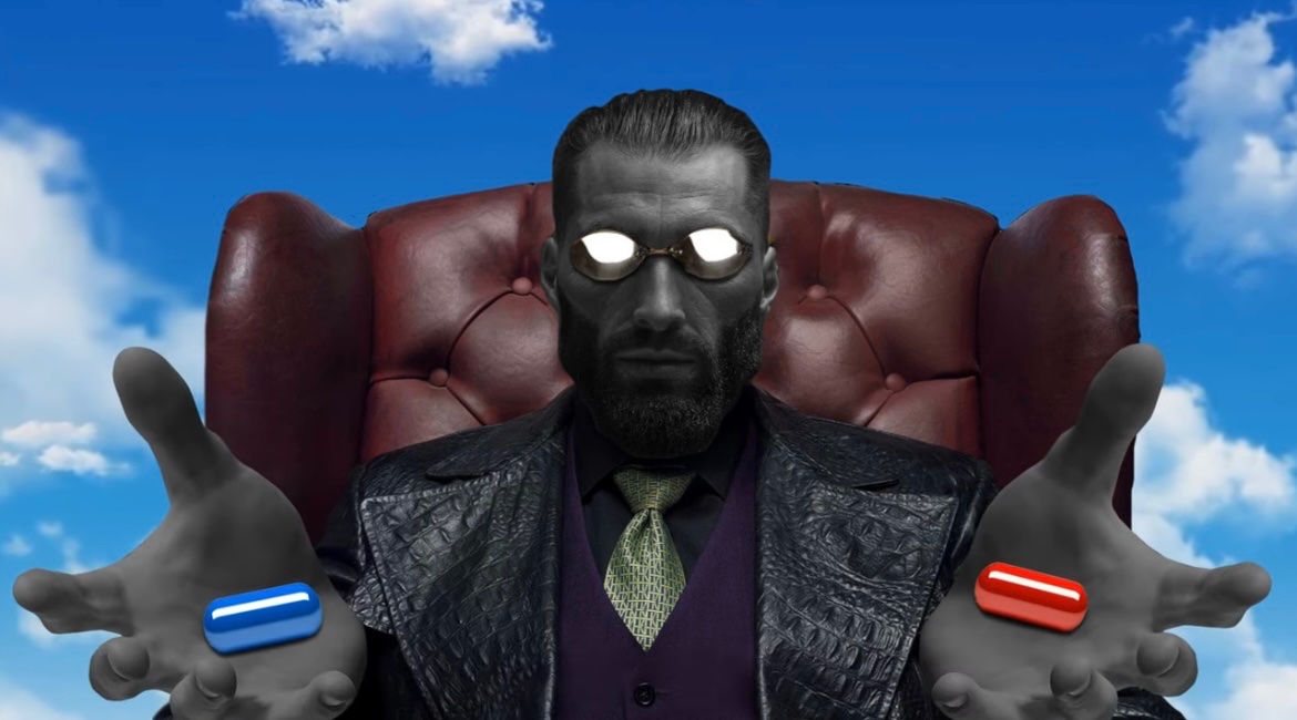 A strong man offers blue and red pills from a chair.