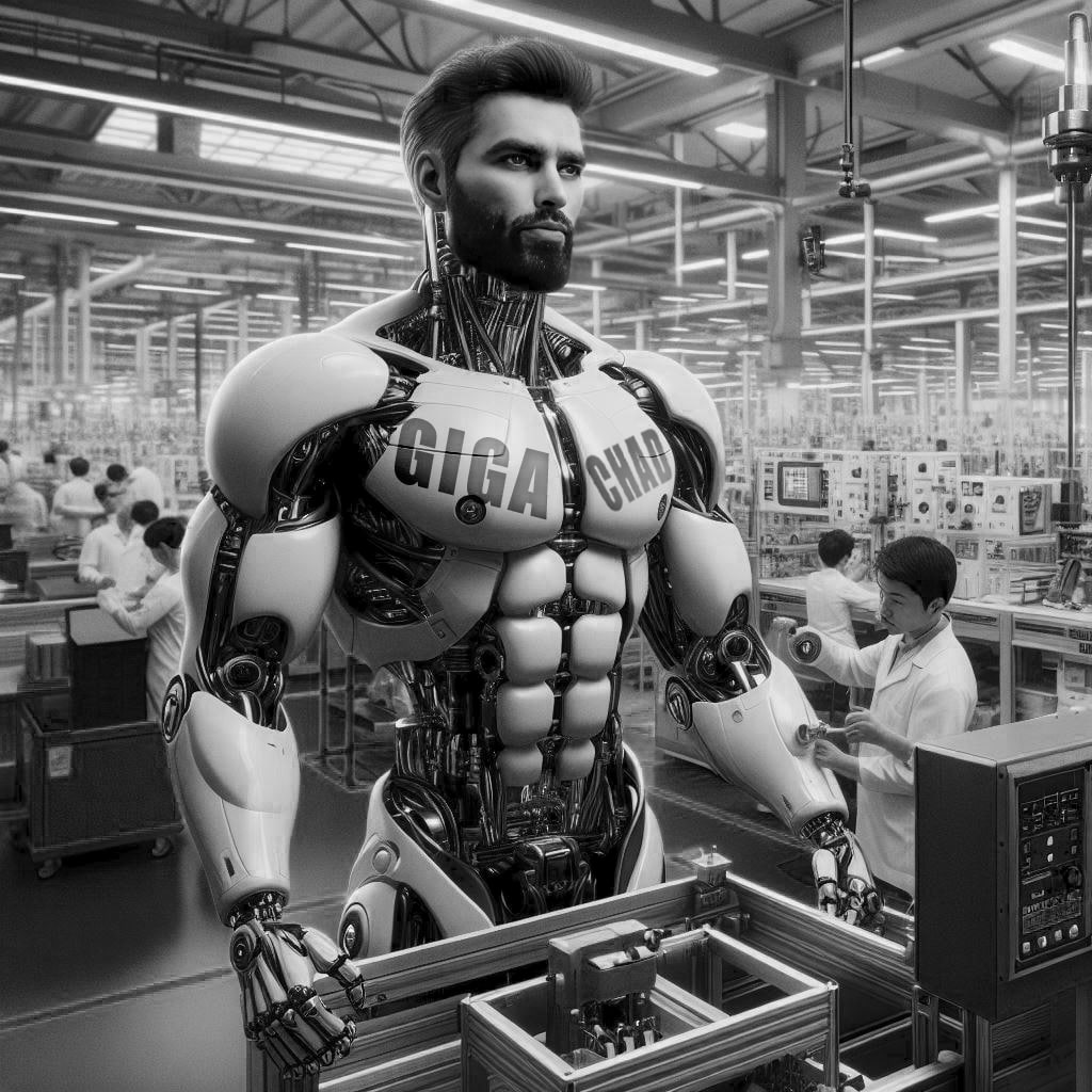 A robot named GIGA CHAD dominates a factory setting.