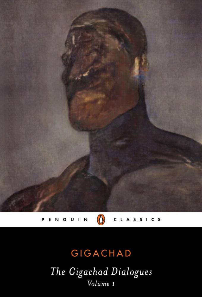 Abstract GigaChad portrait on classic book cover.