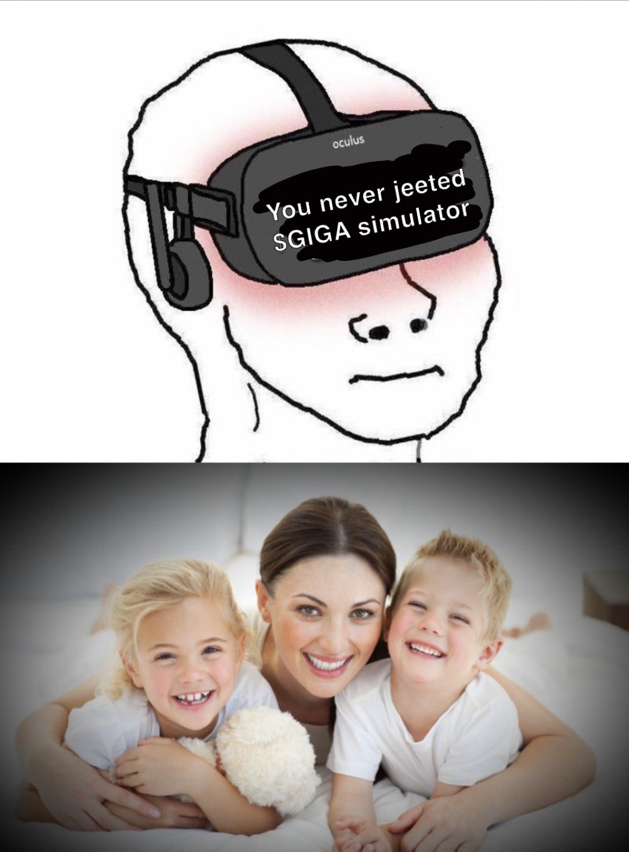 A VR headset user above a happy family photo.