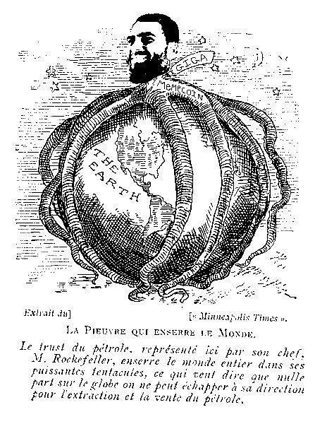 An octopus encircling the Earth with a powerful figure above.