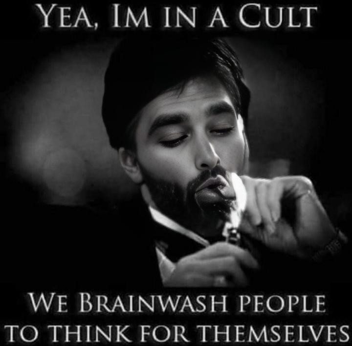 Man in tuxedo smoking, humor about cult and free thought.