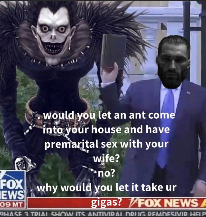 Monstrous figure with a man discussing absurd comparisons on a news set.